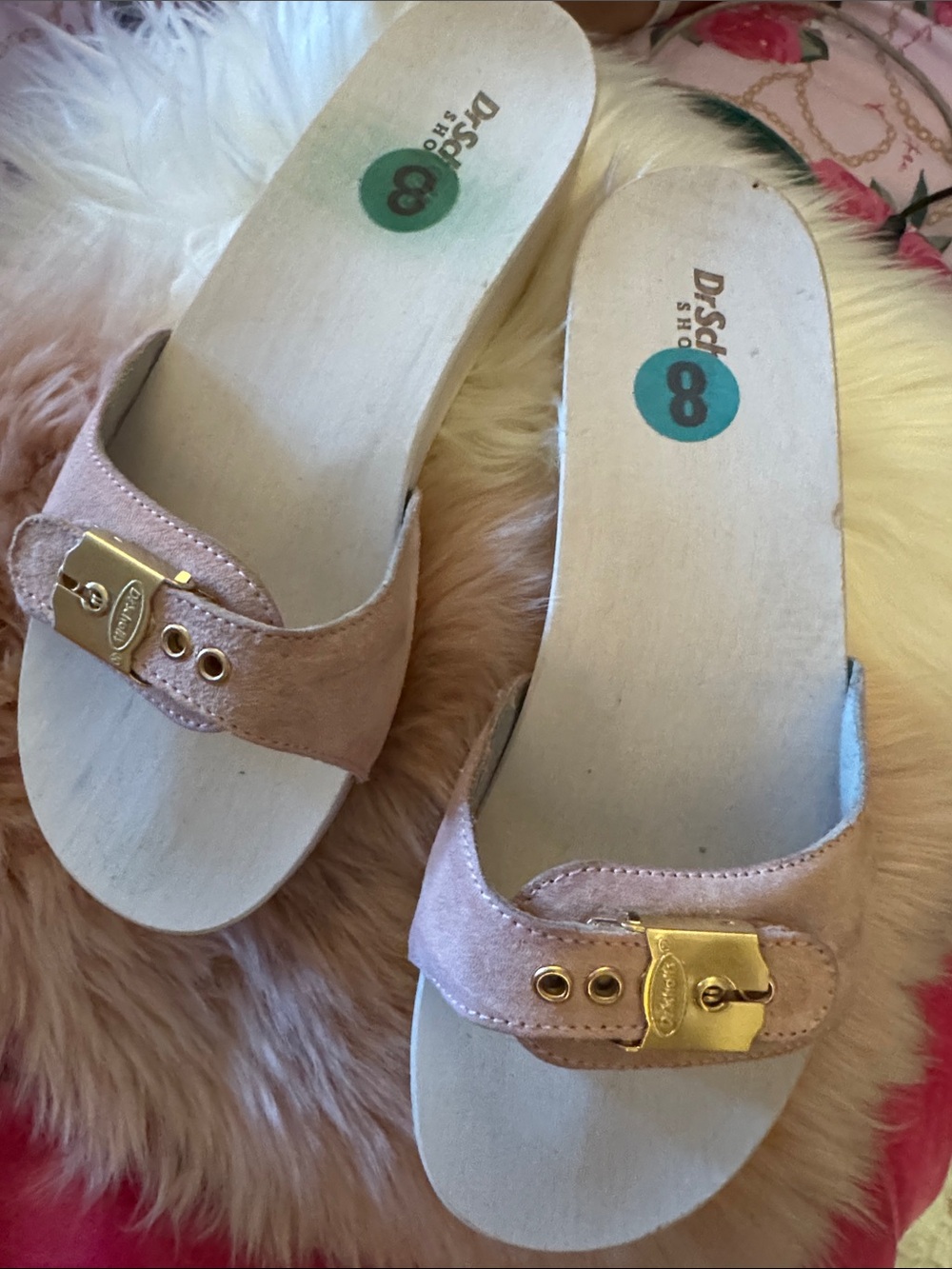 Dr. Scholl's Pink Suede Slide Sandals with Gold Buckle